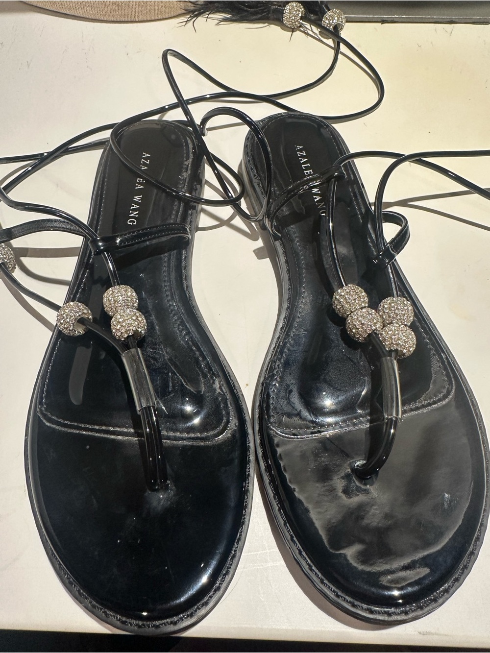 Azalea Wang Black Rhinestone T-Strap Lace-Up Sandals